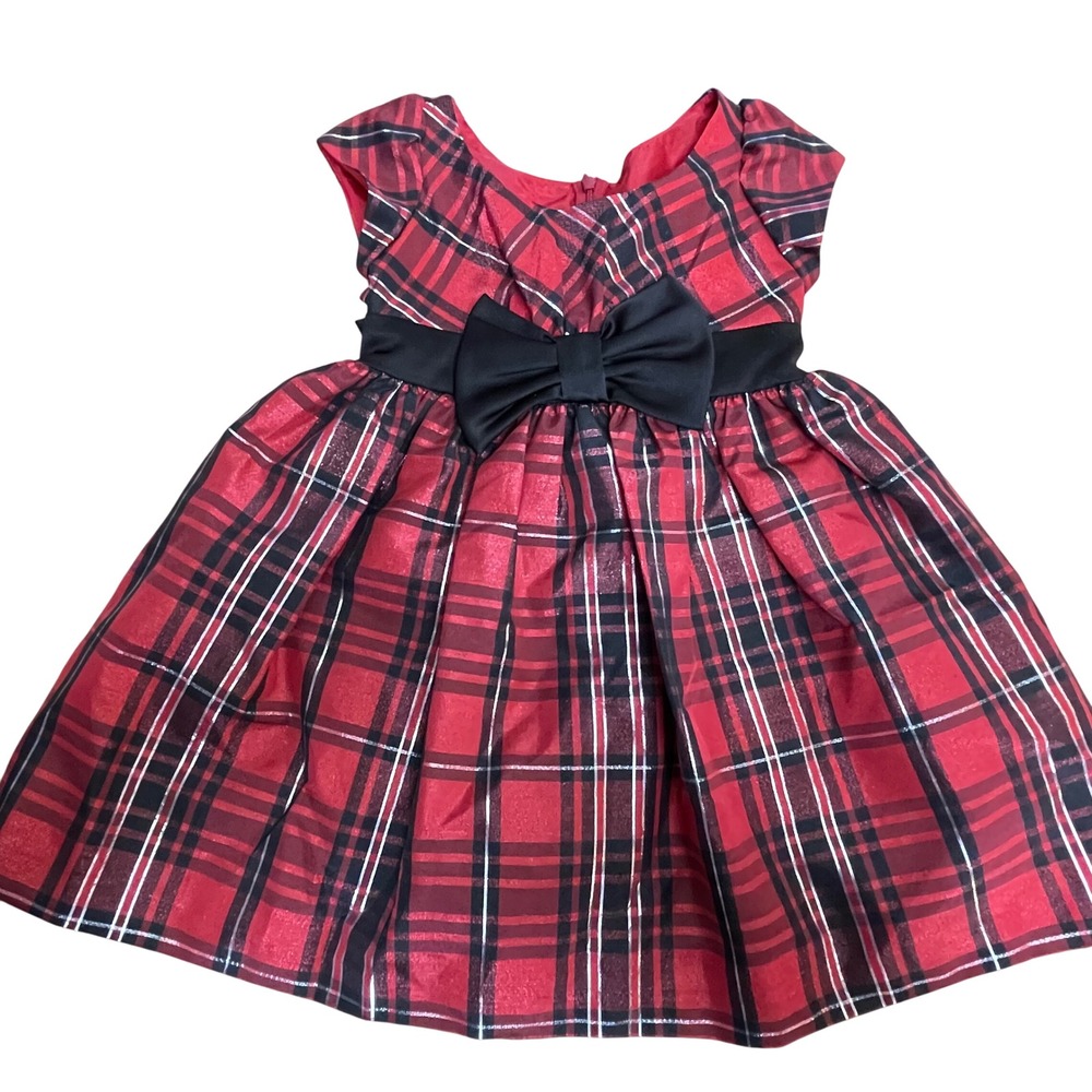 Bonnie Jean Girls Red Plaid Holiday‎ Dress With Black Bow Size 3T
